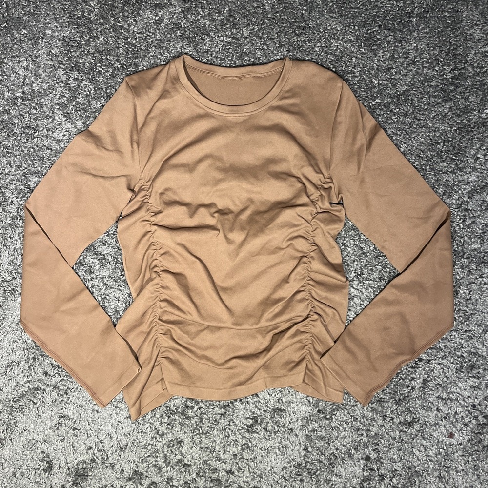 Oqq Scrunch Side Long Sleeve Brown‎ Shirt Crew Neck Size Large